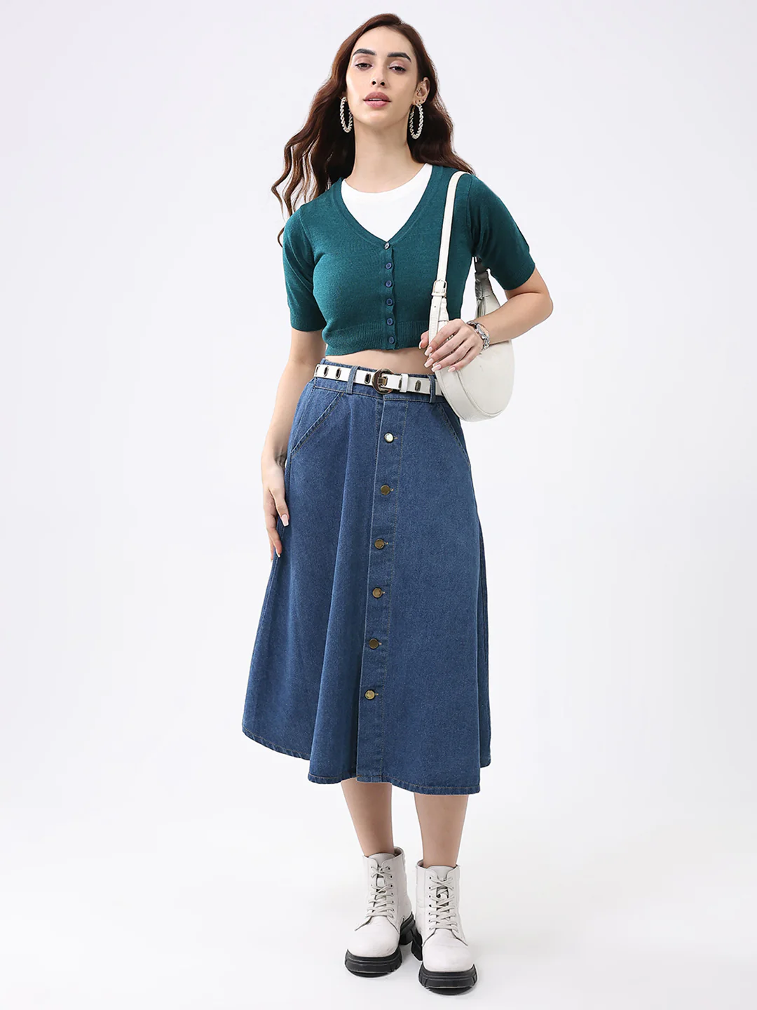 Women Teal Green Solid V Neck Half Sleeve Cardigan - Image 2
