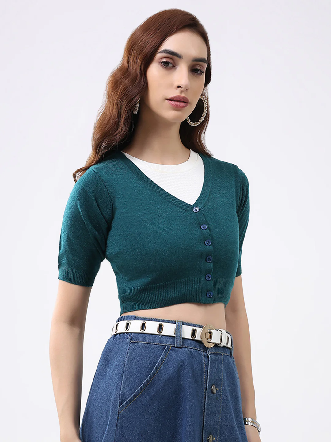 Women Teal Green Solid V Neck Half Sleeve Cardigan - Image 4
