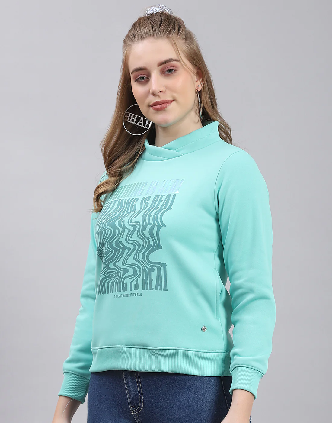Women Turquoise Blue Printed H Neck Full Sleeve Sweatshirt - Image 3