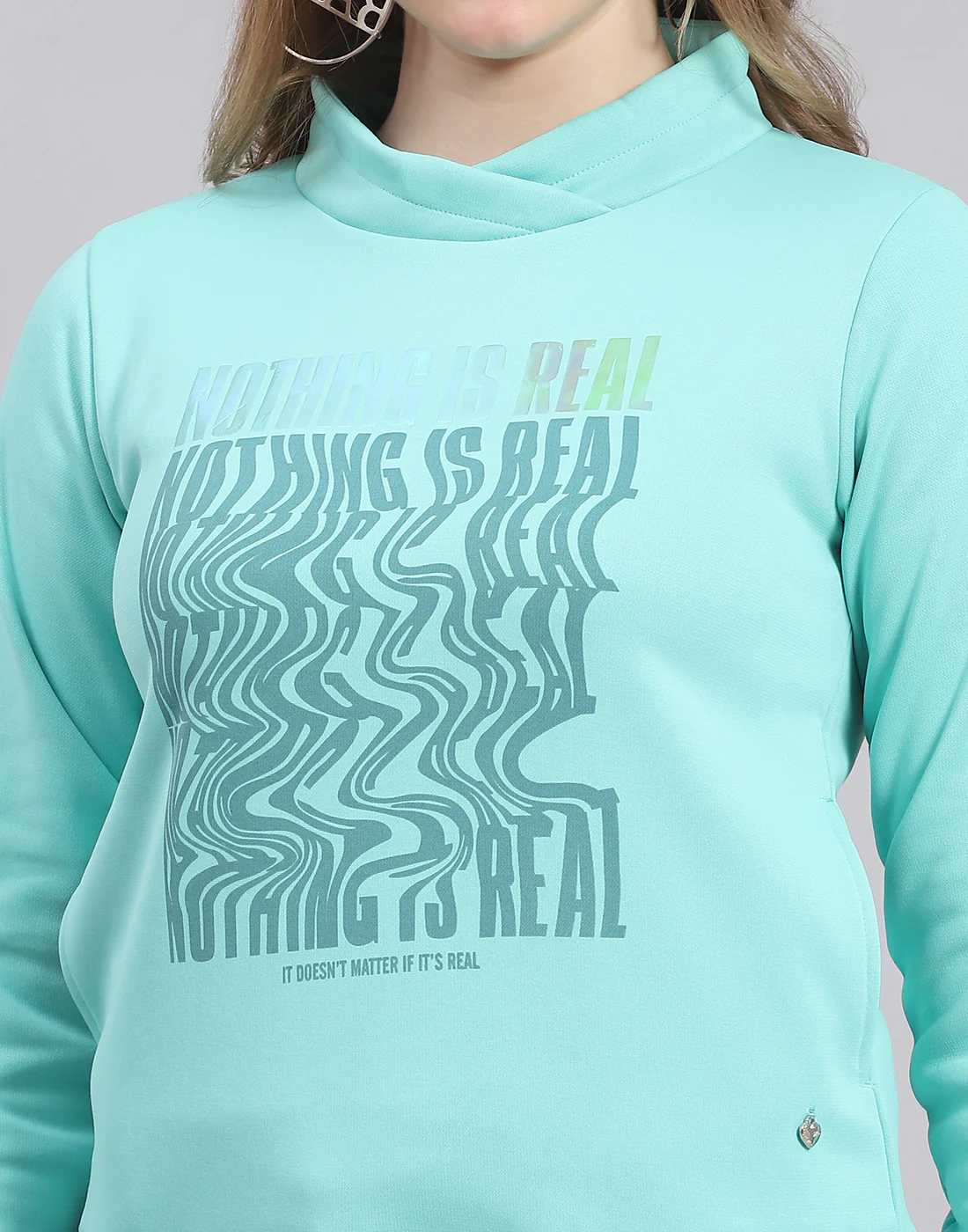 Women Turquoise Blue Printed H Neck Full Sleeve Sweatshirt - Image 6
