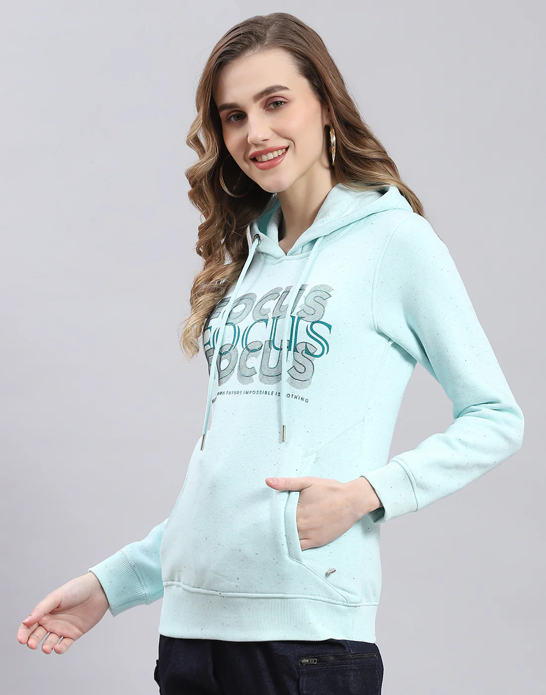 Women Turquoise Blue Printed Hooded Full Sleeve Sweatshirt - Image 3