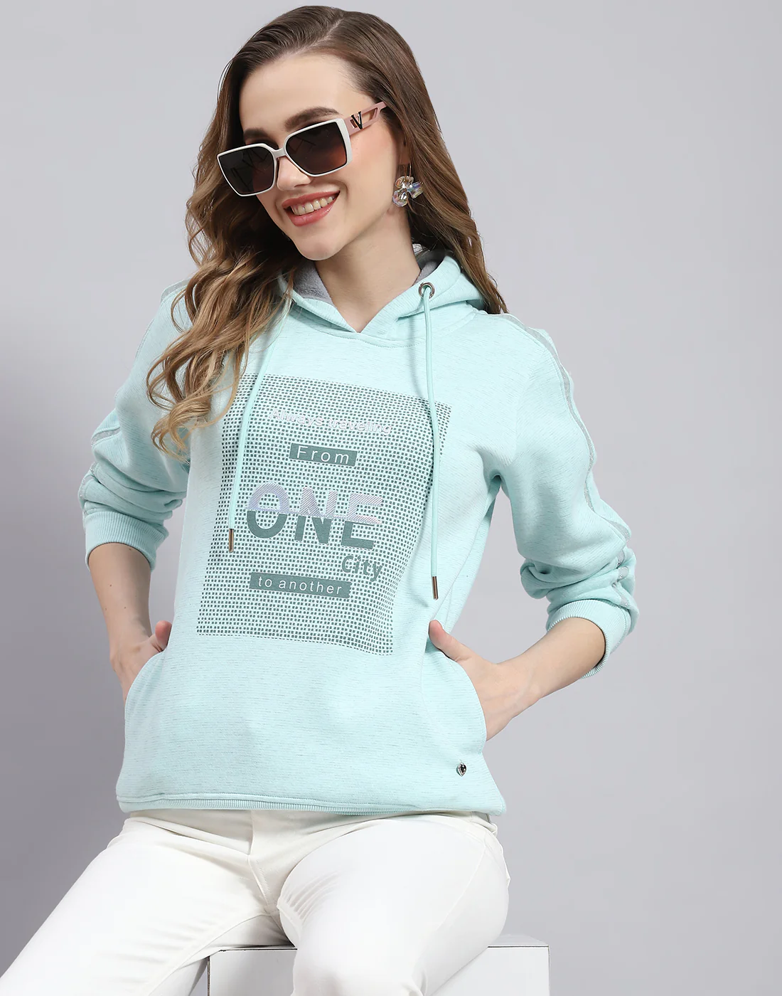 Women Turquoise Blue Printed Hooded Full Sleeve Sweatshirt - Image 2