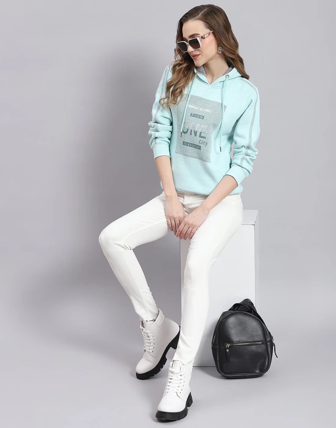 Women Turquoise Blue Printed Hooded Full Sleeve Sweatshirt - Image 3