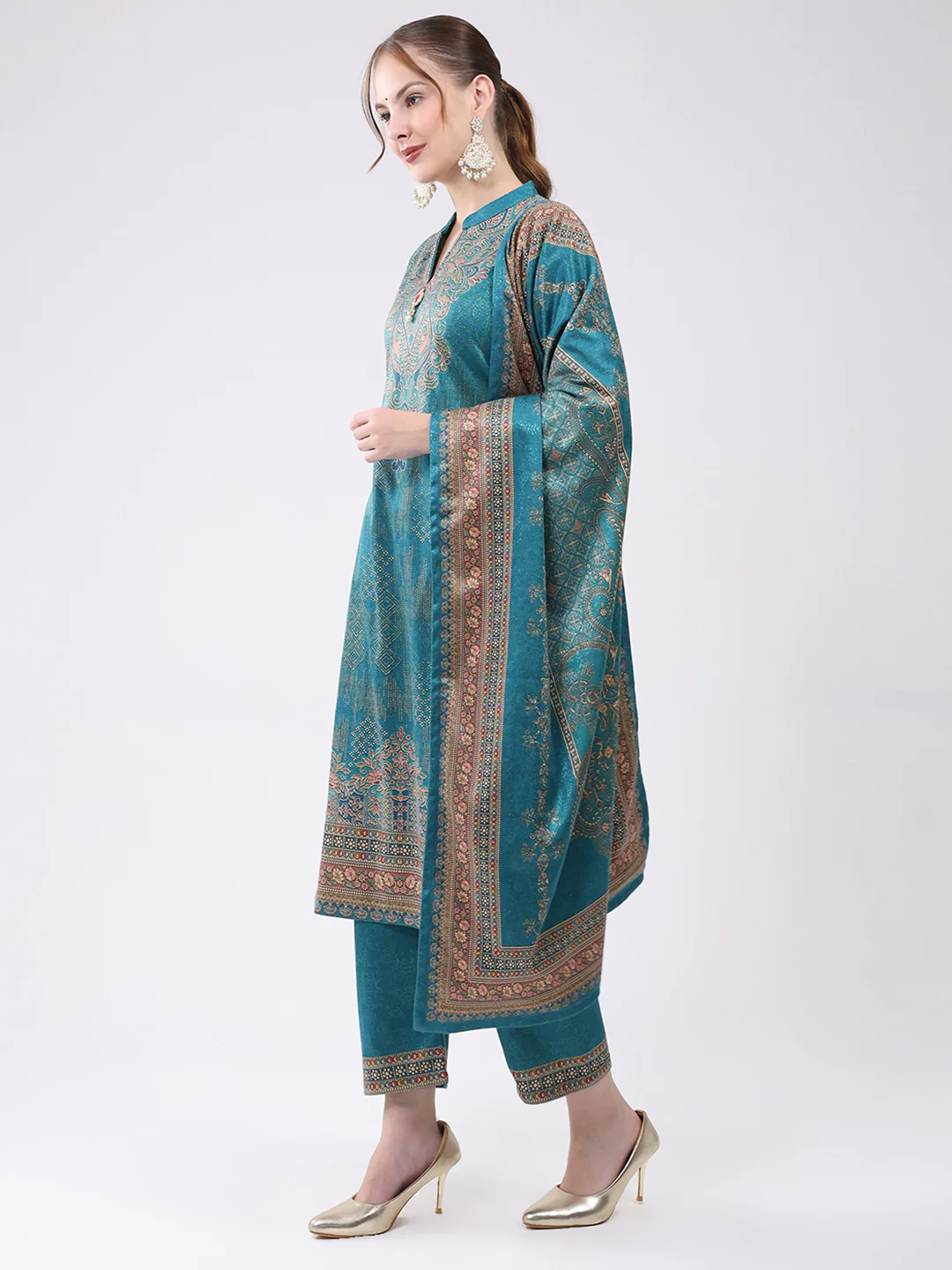 Women Turquoise Blue Printed Round Neck Full Sleeve Kurti Set for Winter - Image 3