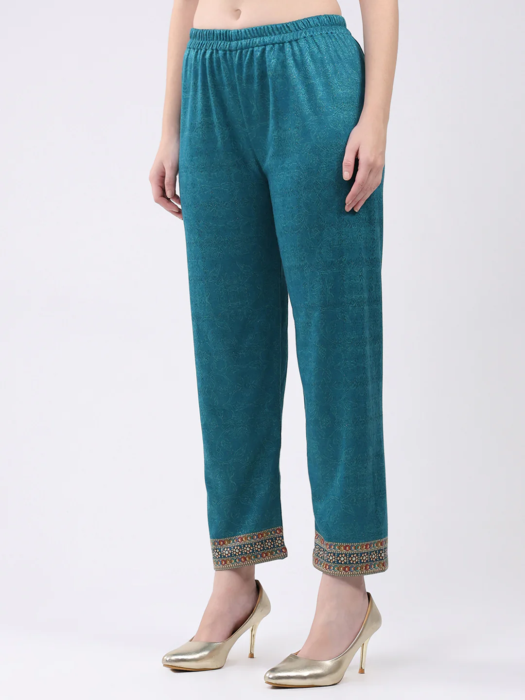 Women Turquoise Blue Printed Round Neck Full Sleeve Kurti Set for Winter - Image 7