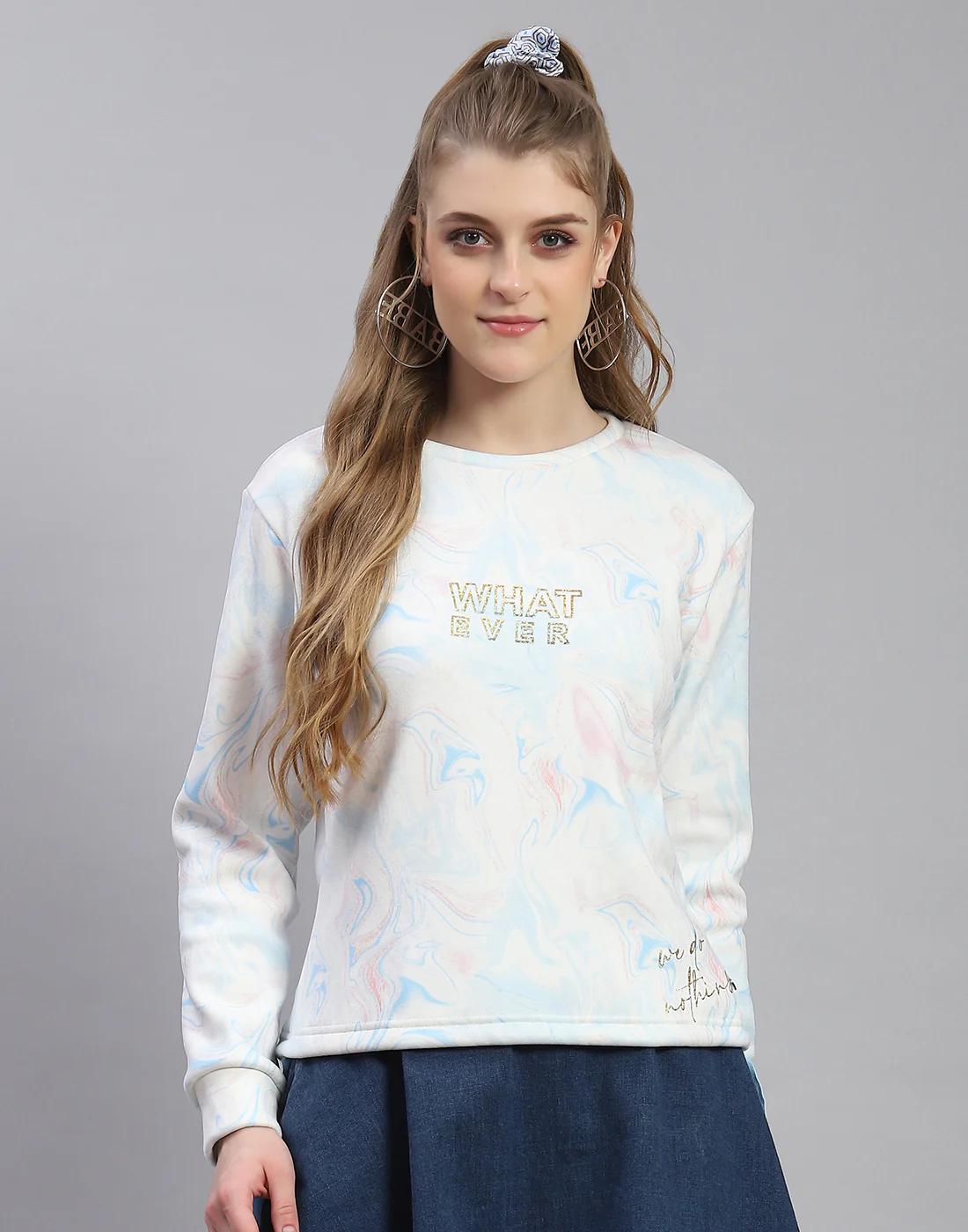 Women Turquoise Blue Printed Round Neck Full Sleeve Sweatshirt - Image 2