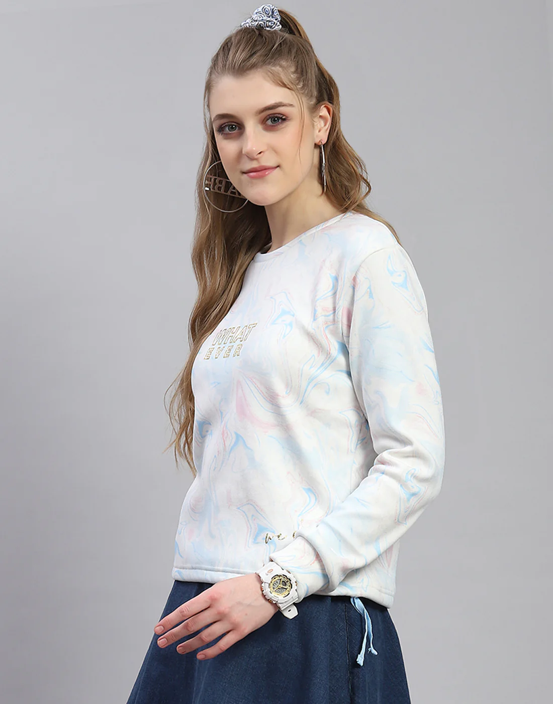 Women Turquoise Blue Printed Round Neck Full Sleeve Sweatshirt - Image 3