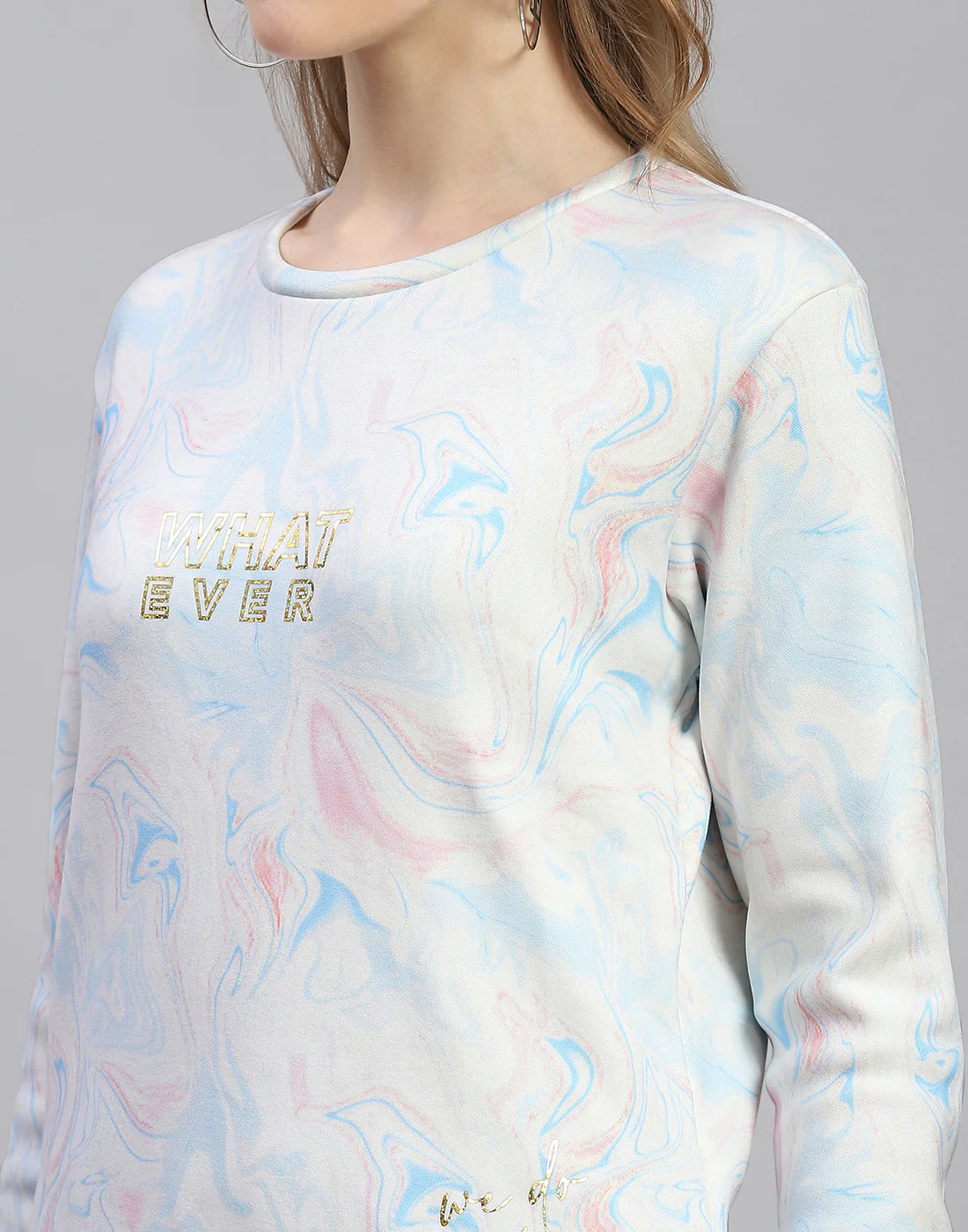 Women Turquoise Blue Printed Round Neck Full Sleeve Sweatshirt - Image 6