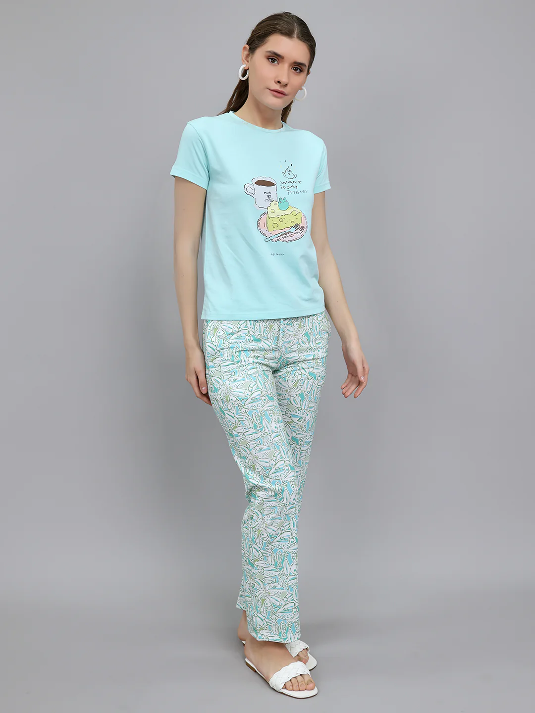 Women Turquoise Blue Printed Round Neck Half Sleeve Lower Set - Image 3
