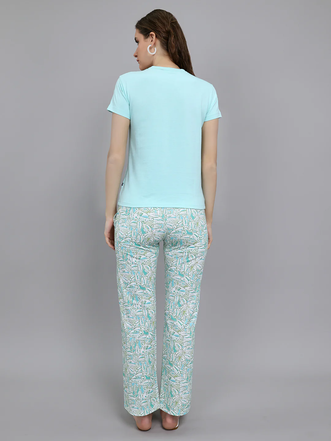 Women Turquoise Blue Printed Round Neck Half Sleeve Lower Set - Image 4