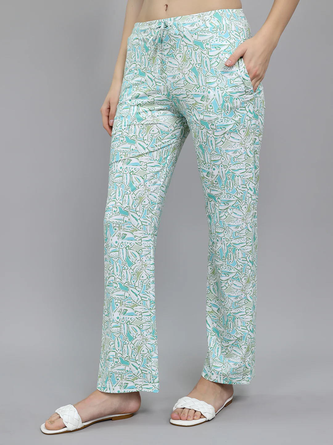 Women Turquoise Blue Printed Round Neck Half Sleeve Lower Set - Image 8