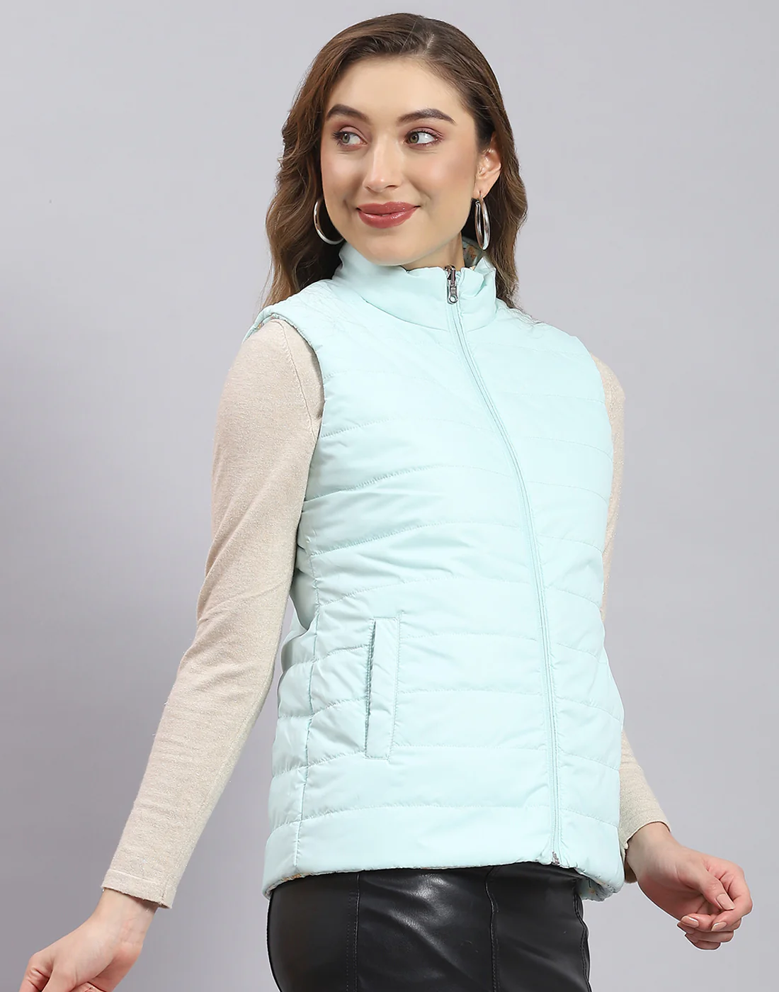Women Turquoise Blue Printed Stand Collar Sleeveless Jacket - Image 4