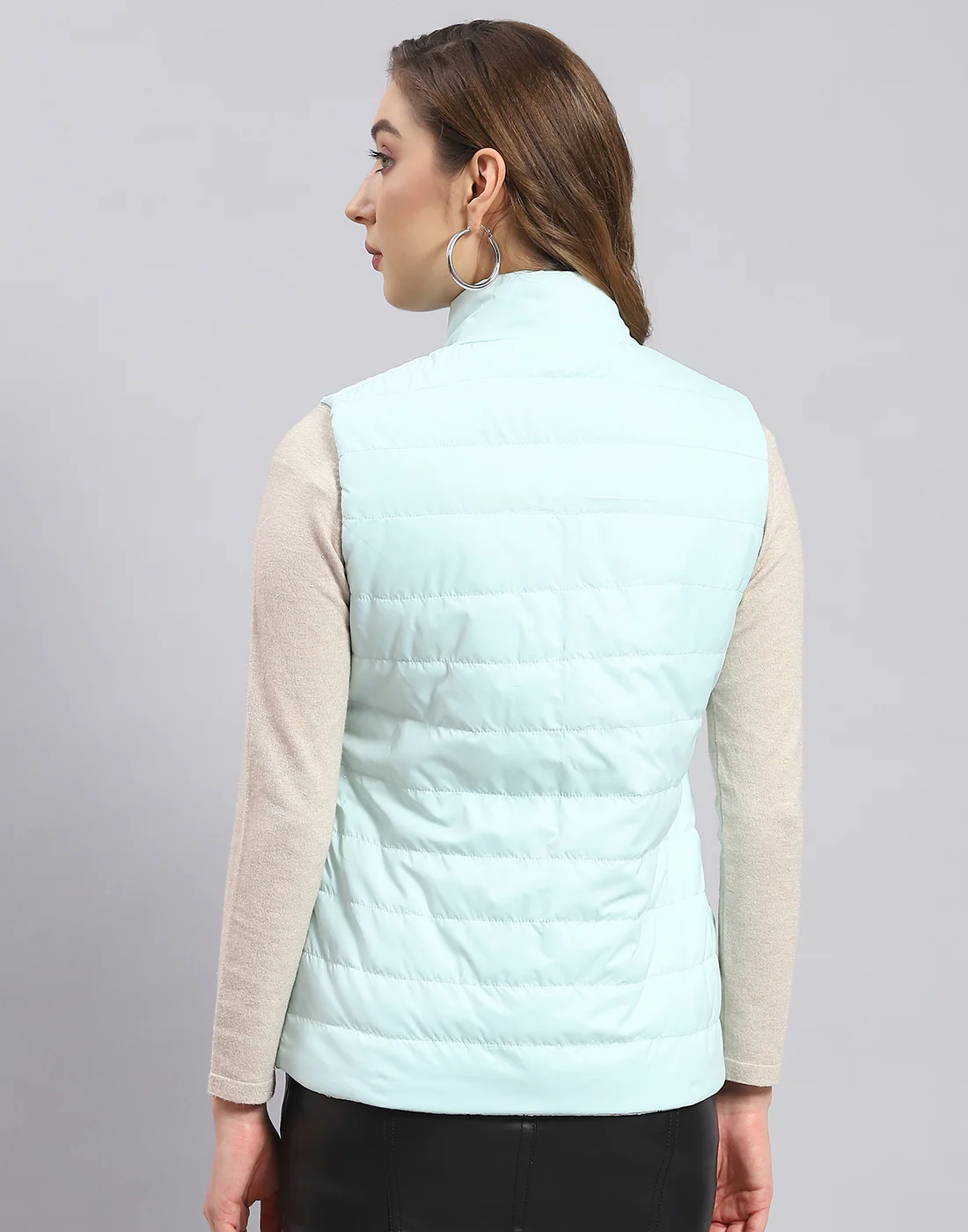 Women Turquoise Blue Printed Stand Collar Sleeveless Jacket - Image 5