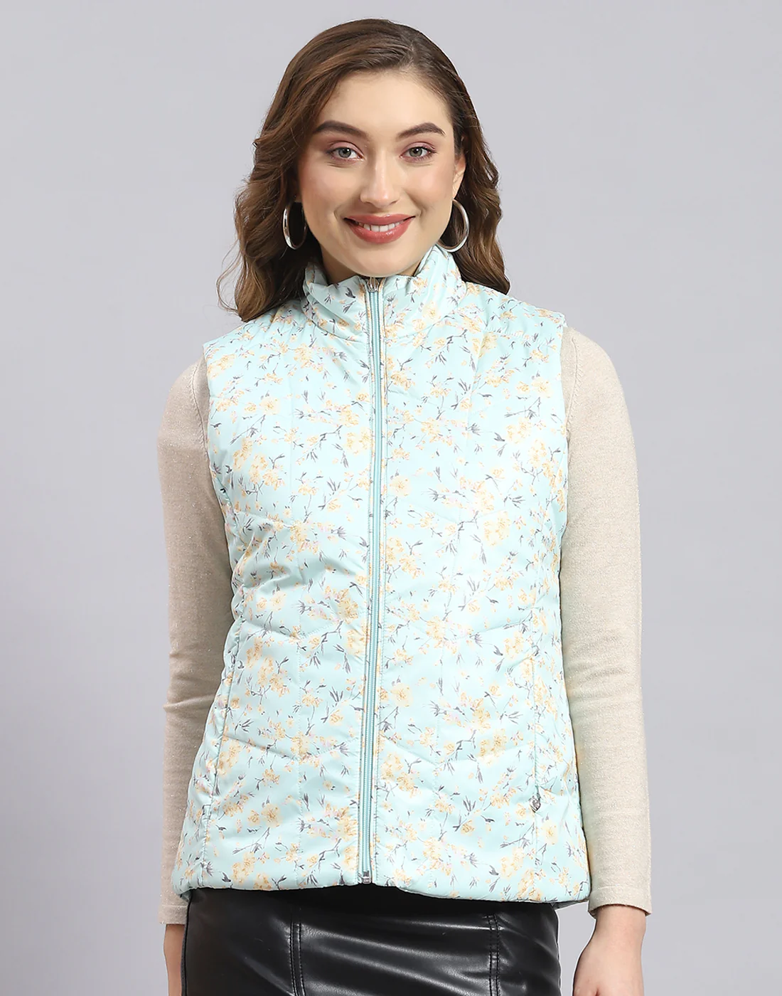 Women Turquoise Blue Printed Stand Collar Sleeveless Jacket - Image 7