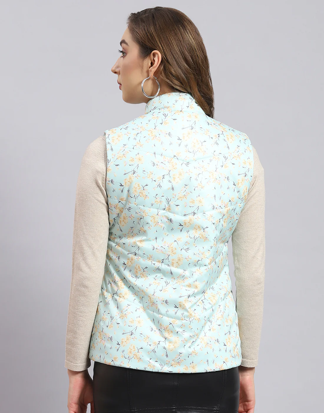 Women Turquoise Blue Printed Stand Collar Sleeveless Jacket - Image 8