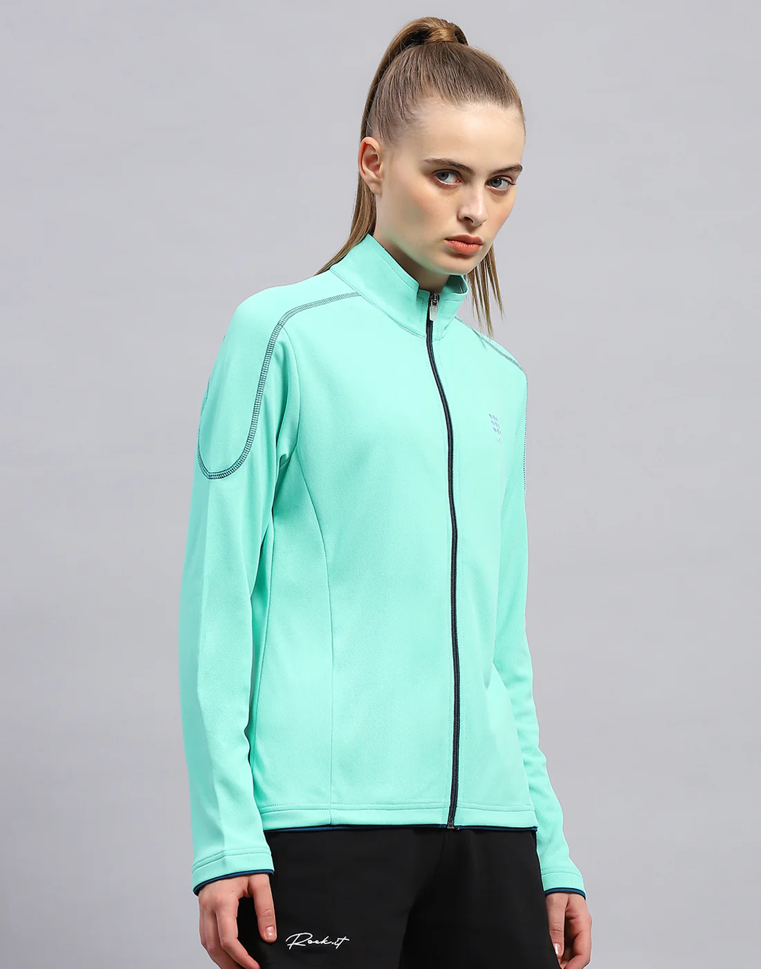 Rock.it Women Turquoise Blue Self Design Collar Full Sleeve Top - Image 4