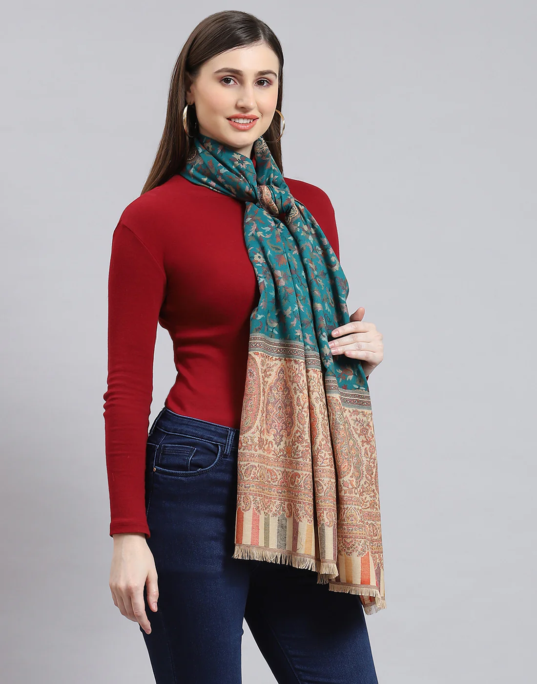 Women Turquoise Blue Self Design Stole - Image 4