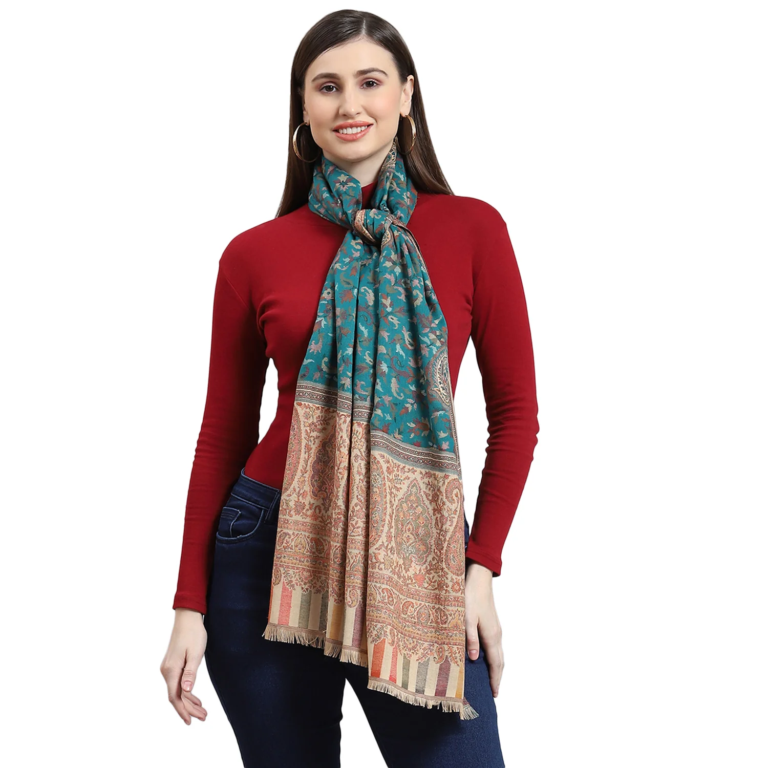 Women Turquoise Blue Self Design Stole - Image 5