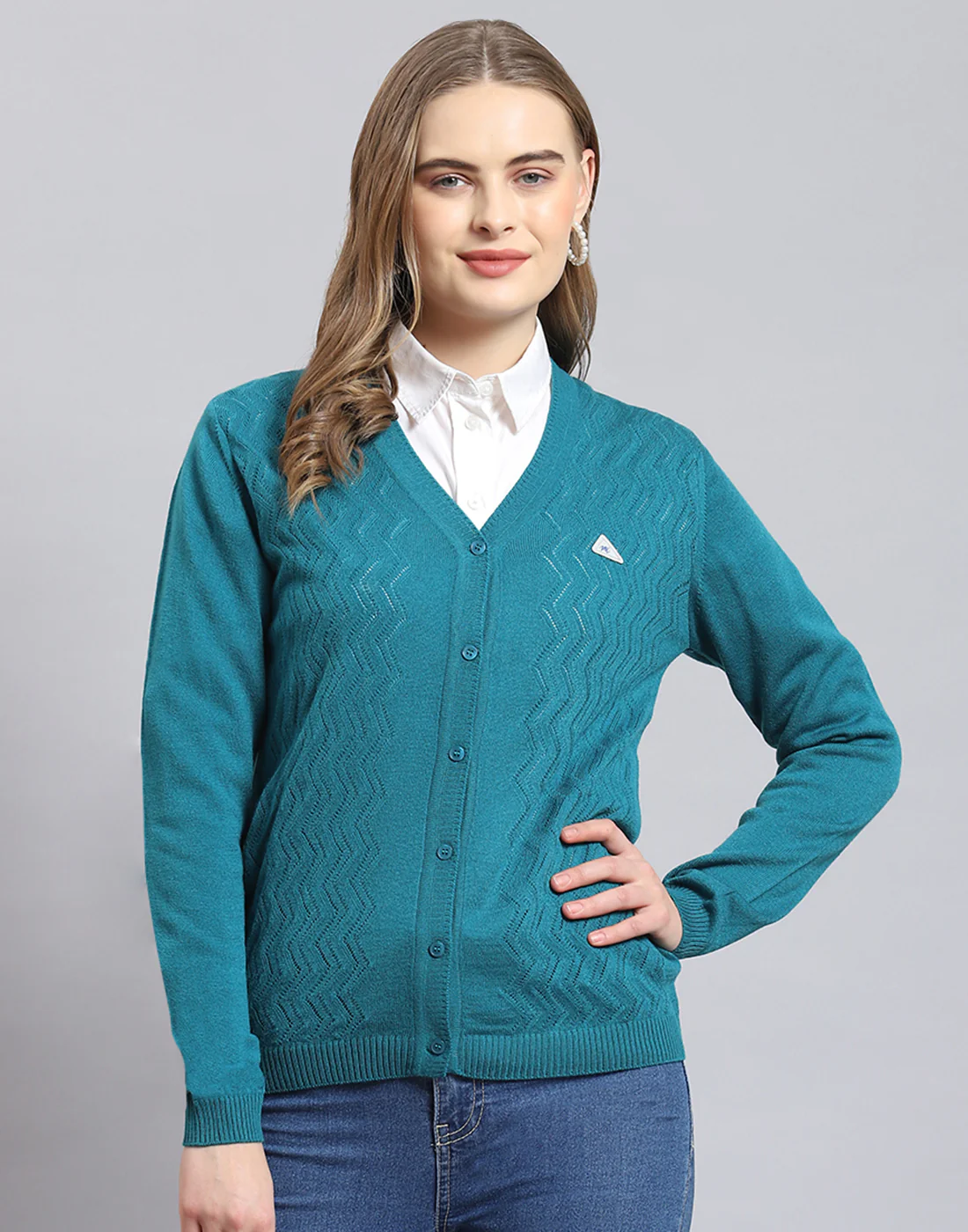 Women Turquoise Blue Self Design V Neck Full Sleeve Cardigan - Image 2