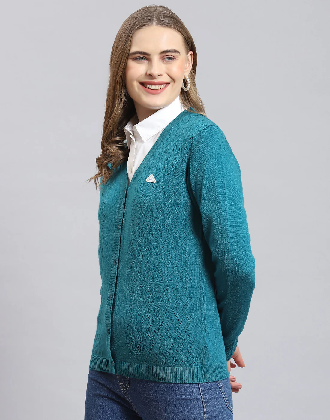 Women Turquoise Blue Self Design V Neck Full Sleeve Cardigan - Image 3