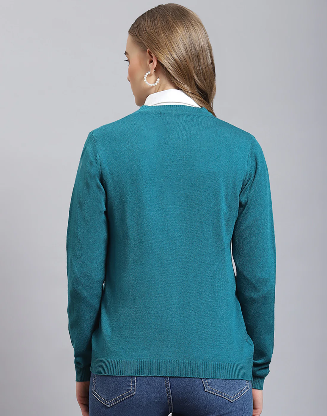 Women Turquoise Blue Self Design V Neck Full Sleeve Cardigan - Image 5