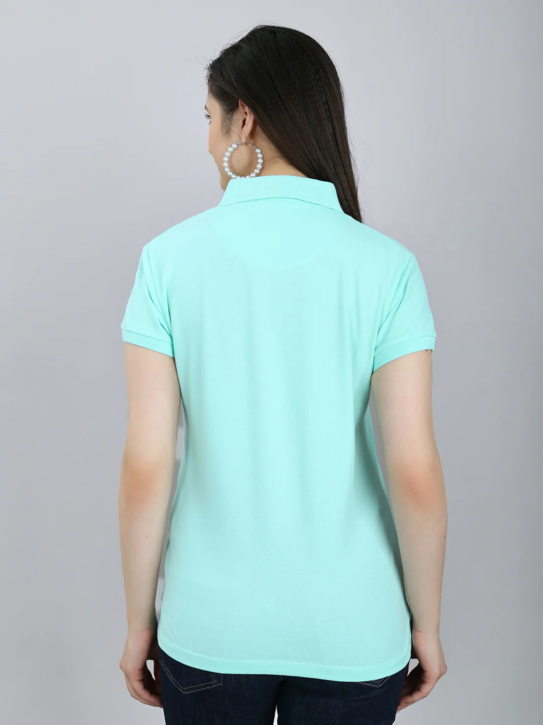 Women Turquoise Blue Solid Collar Half Sleeve T-Shirt - Image 5