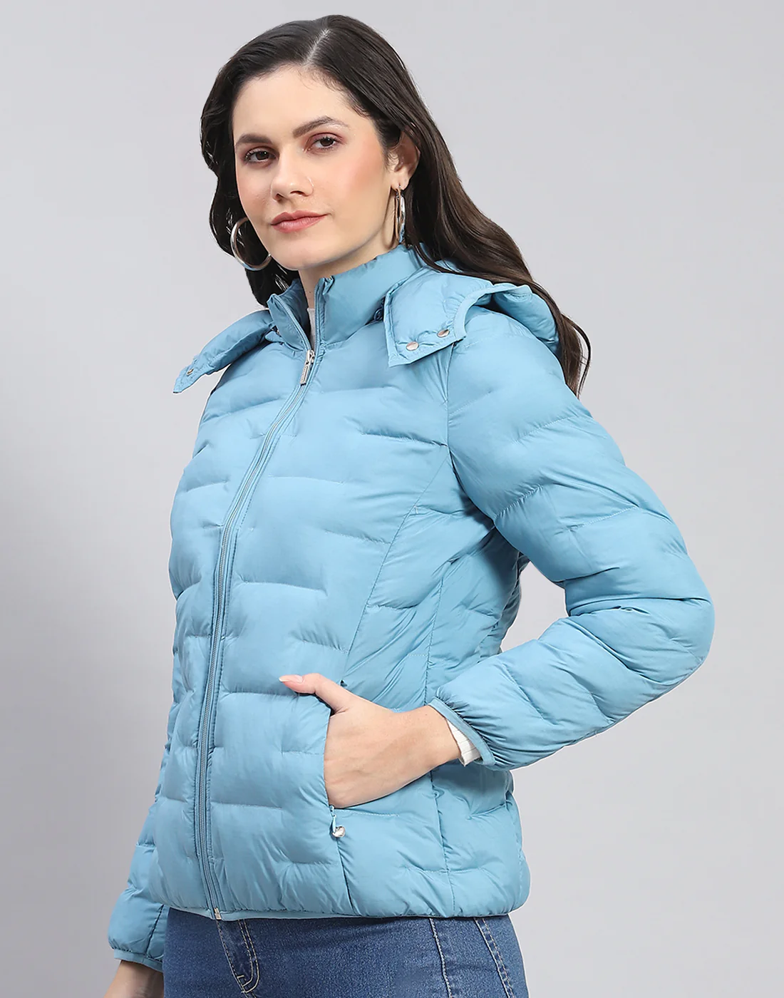 Women Turquoise Blue Solid Hooded Full Sleeve Jacket - Image 3