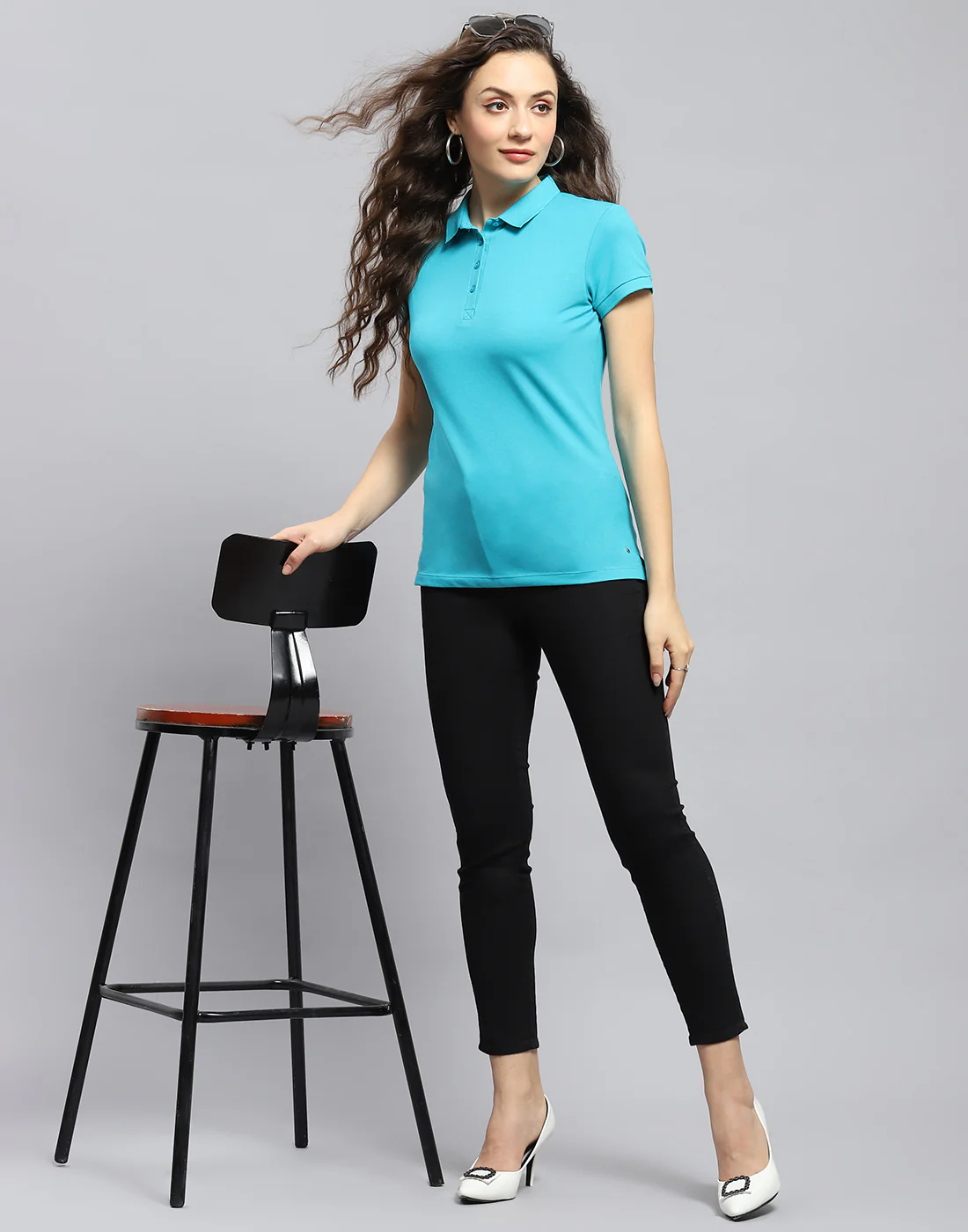 Women Turquoise Blue Solid Polo Collar Half Sleeve T-Shirt - Image 2