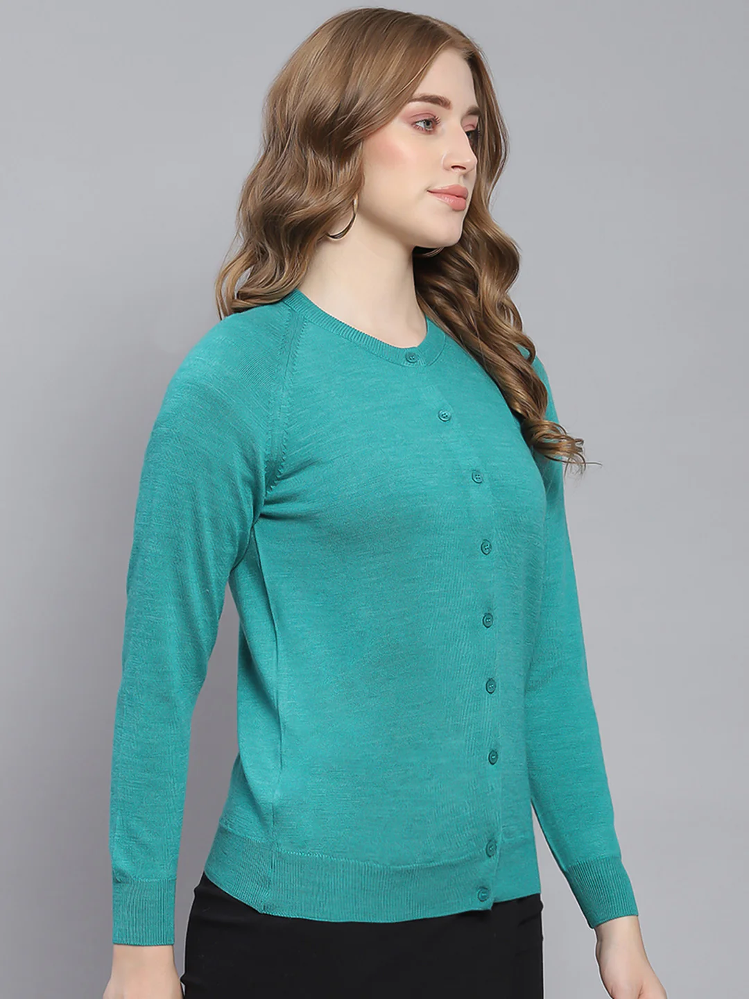 Women Turquoise Blue Solid Round Neck Full Sleeve Cardigans - Image 4