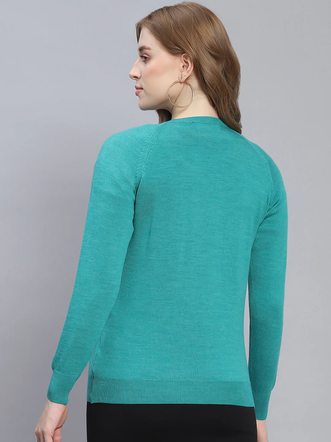 Women Turquoise Blue Solid Round Neck Full Sleeve Cardigans - Image 5