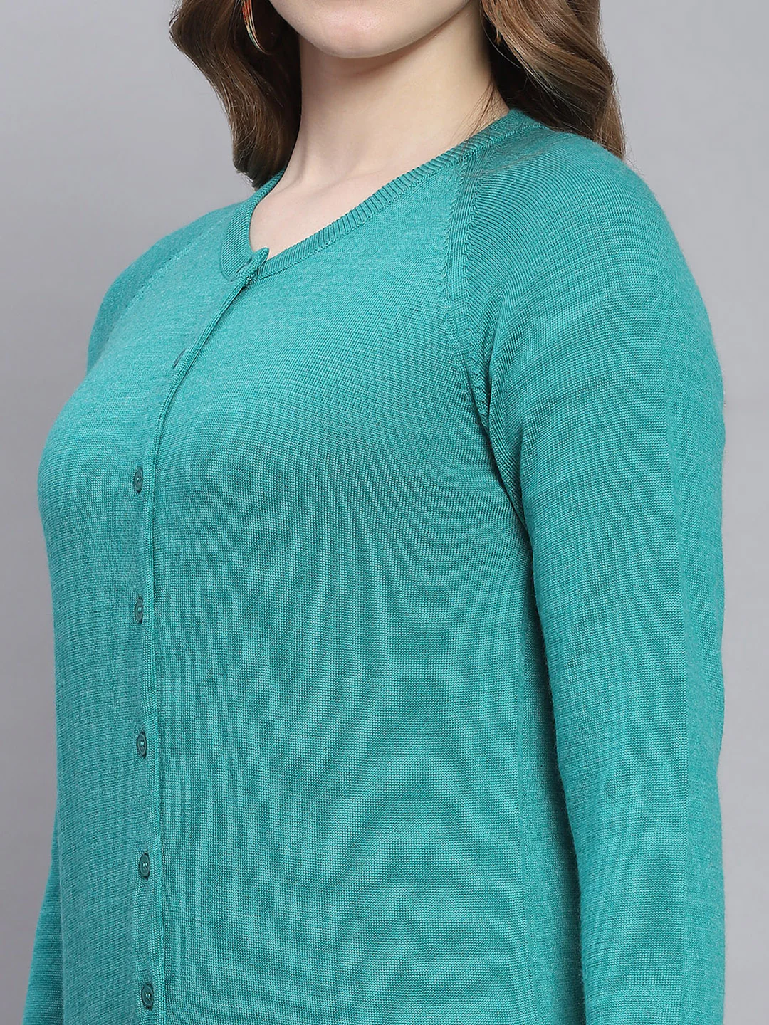 Women Turquoise Blue Solid Round Neck Full Sleeve Cardigans - Image 6