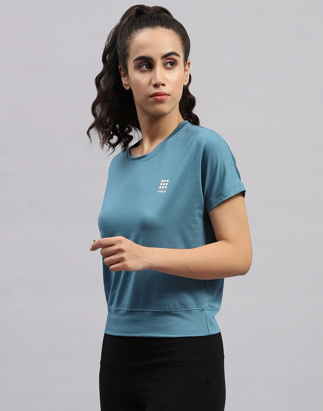 Rock.it Women Turquoise Blue Solid Round Neck Half Sleeve Top - Image 3