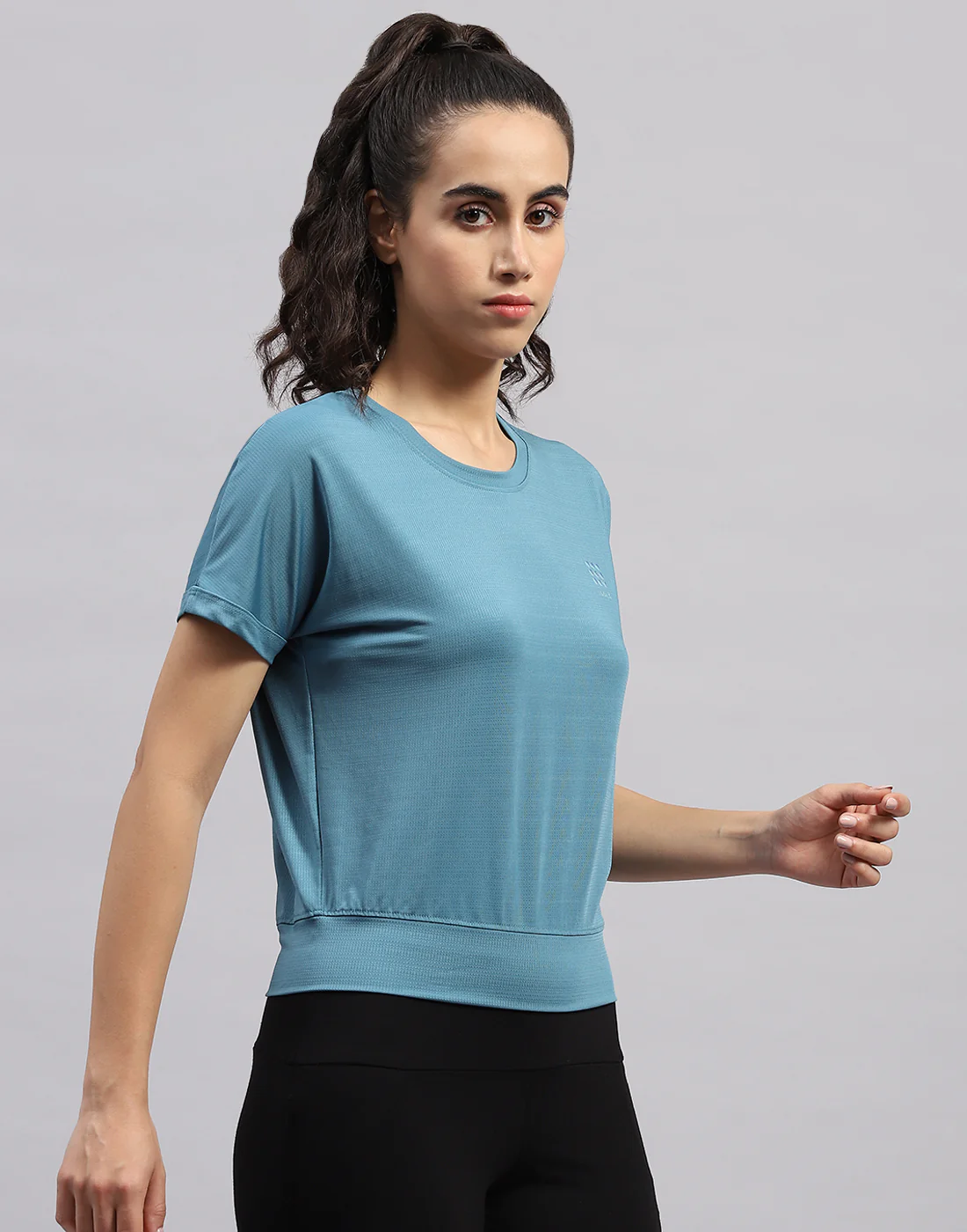 Rock.it Women Turquoise Blue Solid Round Neck Half Sleeve Top - Image 4