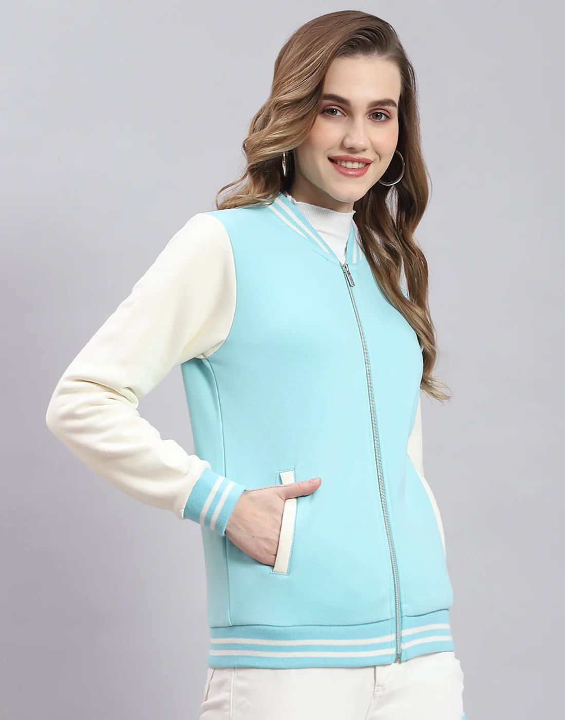Women Turquoise Blue Solid Stand Collar Full Sleeve Sweatshirt - Image 5