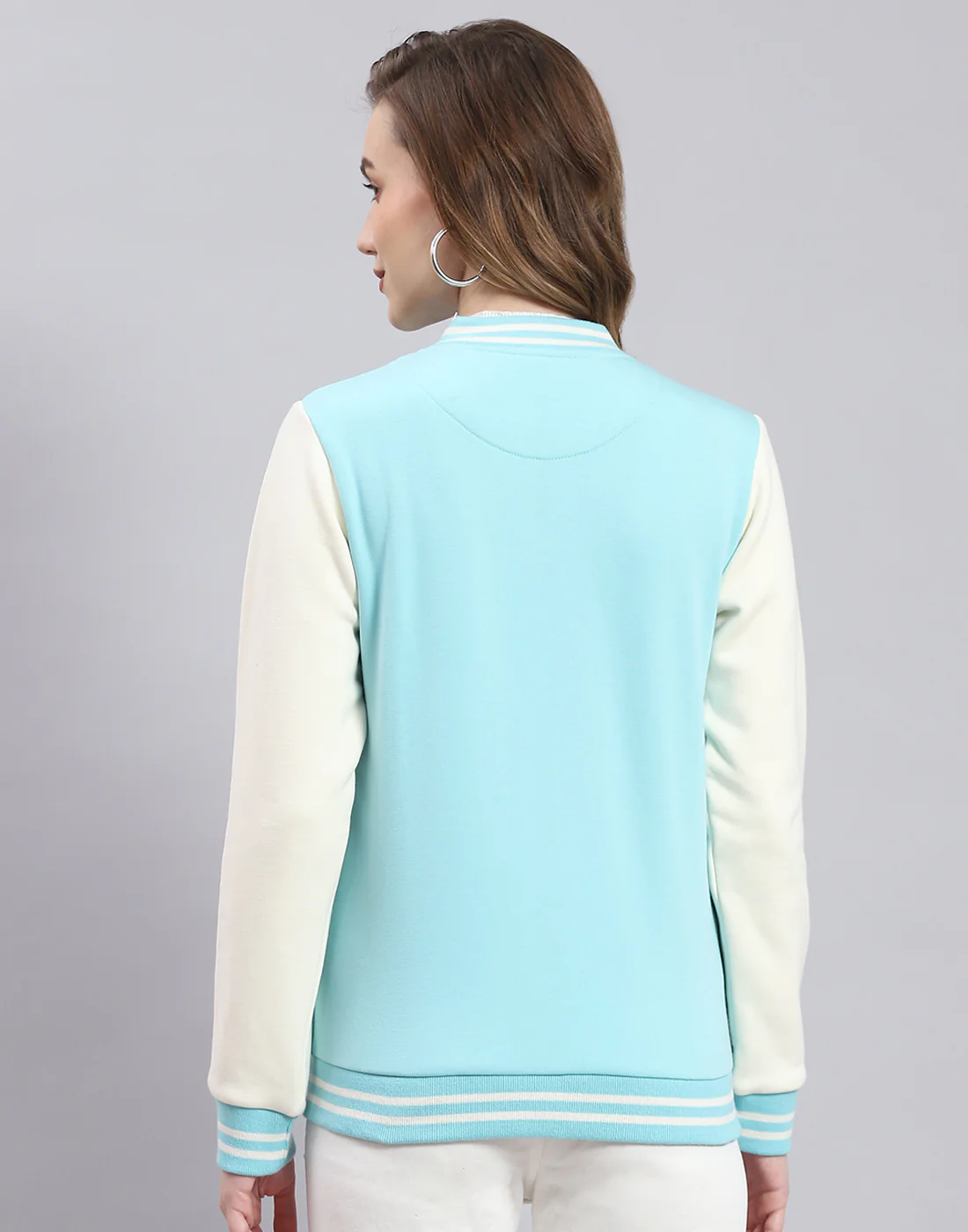 Women Turquoise Blue Solid Stand Collar Full Sleeve Sweatshirt - Image 6