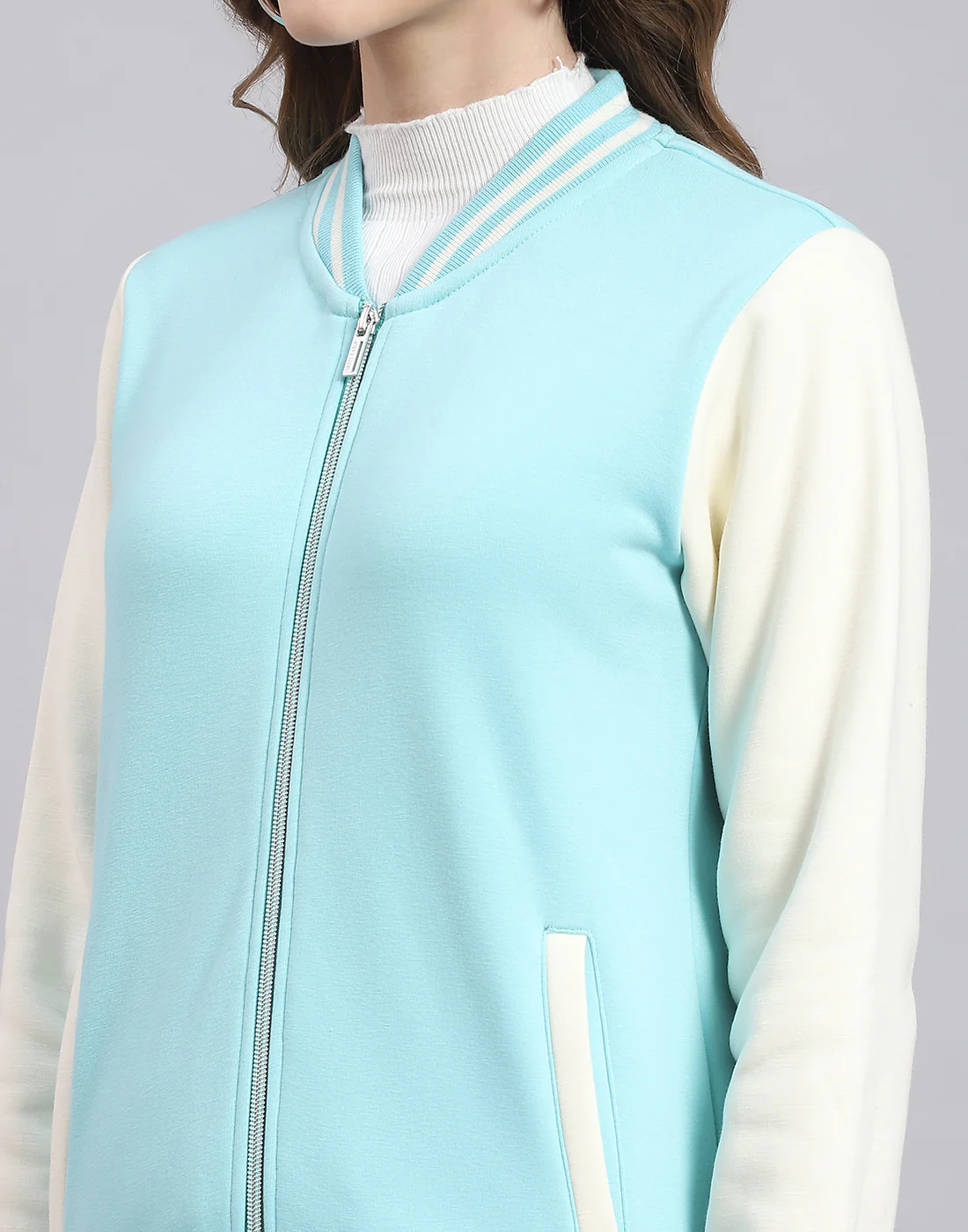 Women Turquoise Blue Solid Stand Collar Full Sleeve Sweatshirt - Image 7