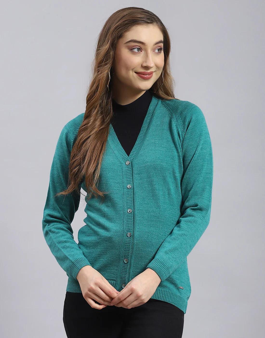 Women Turquoise Blue Solid V Neck Full Sleeve Sweater - Image 2