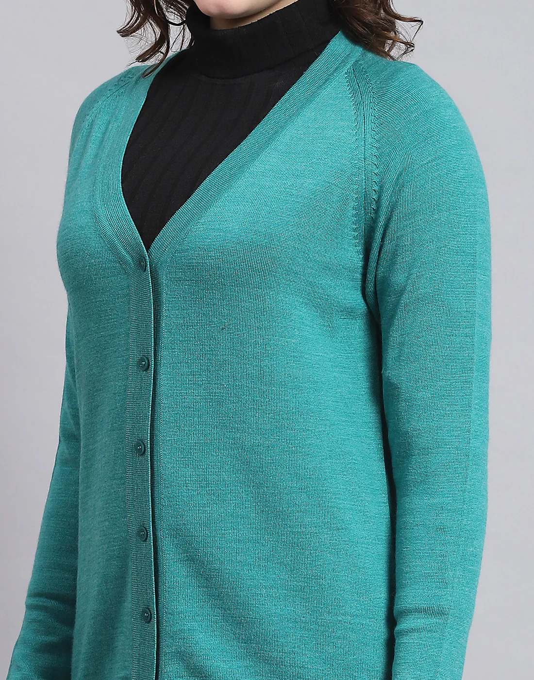 Women Turquoise Blue Solid V Neck Full Sleeve Sweater - Image 6