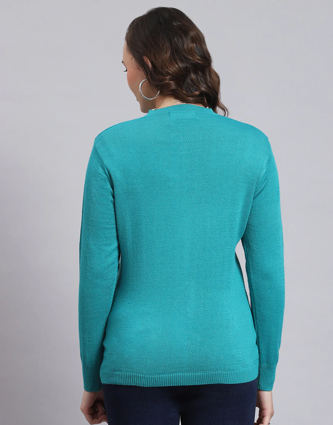 Women Turquoise Blue Solid V Neck Full Sleeve Sweater - Image 5