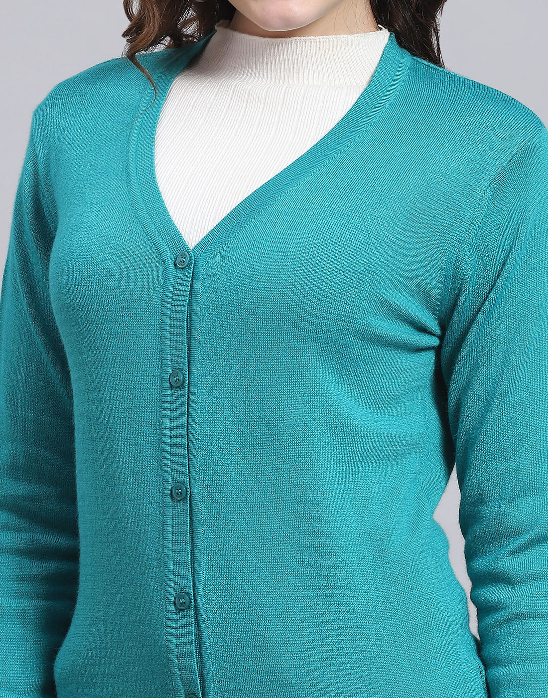 Women Turquoise Blue Solid V Neck Full Sleeve Sweater - Image 6