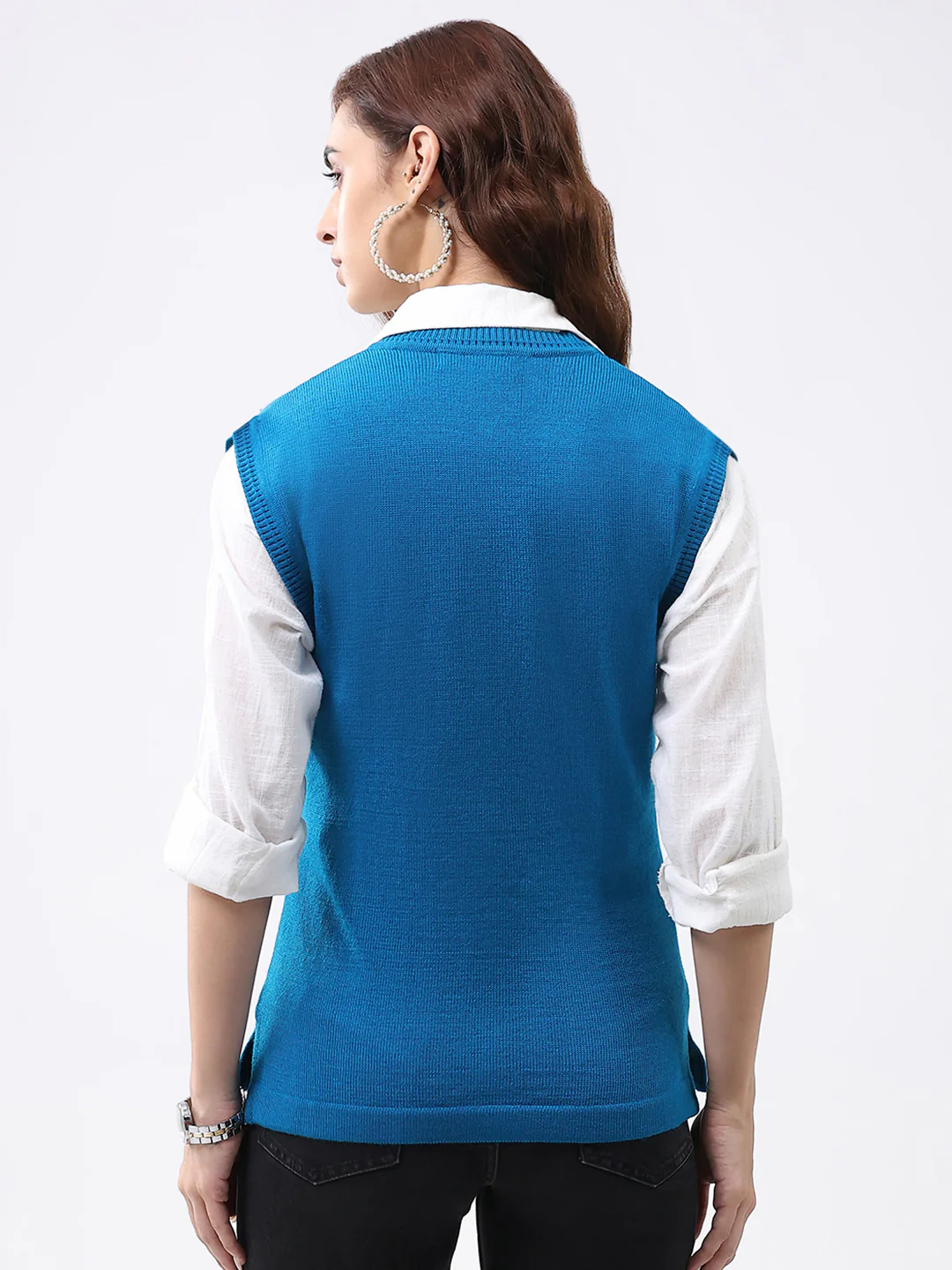 Women Turquoise Blue Solid V Neck Sleeveless Cardigan - Image 5