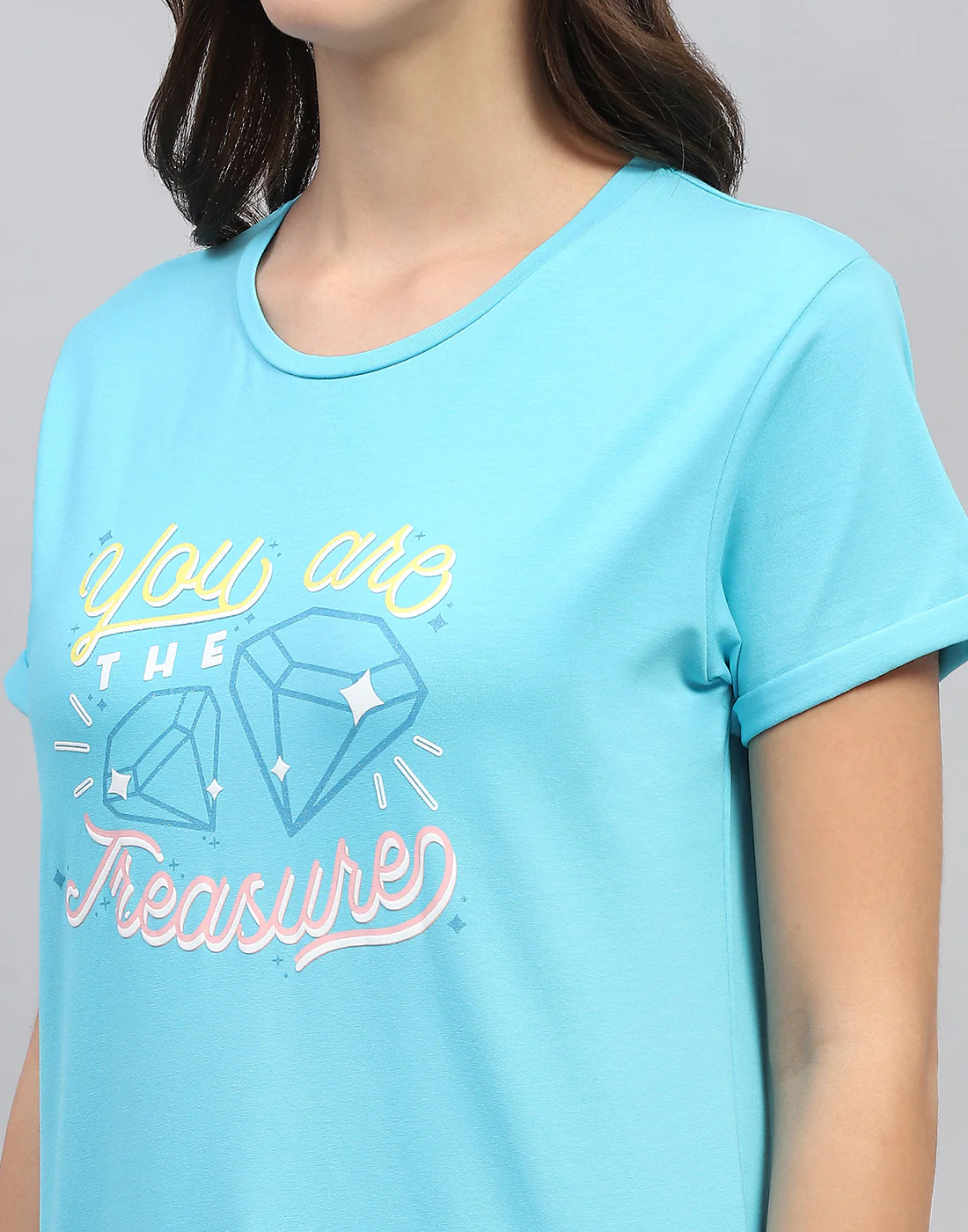 Women Turquoise Blue & White Printed Round Neck Half Sleeve Lower Set - Image 2