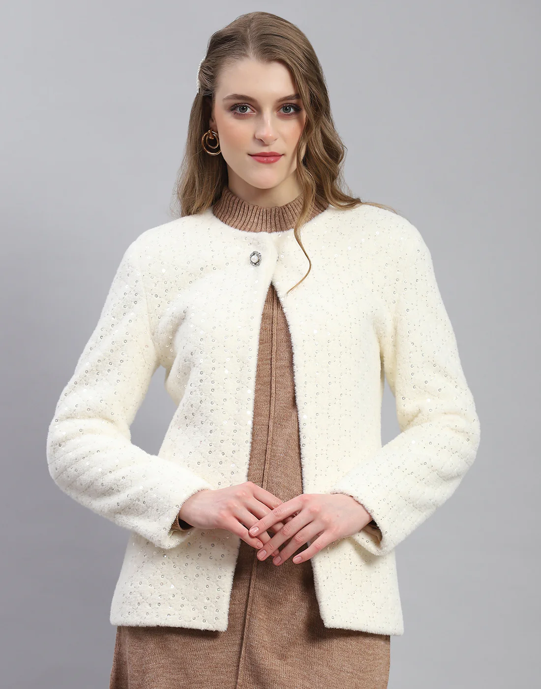 Women White Embellished H Neck Full Sleeve Coat - Image 2