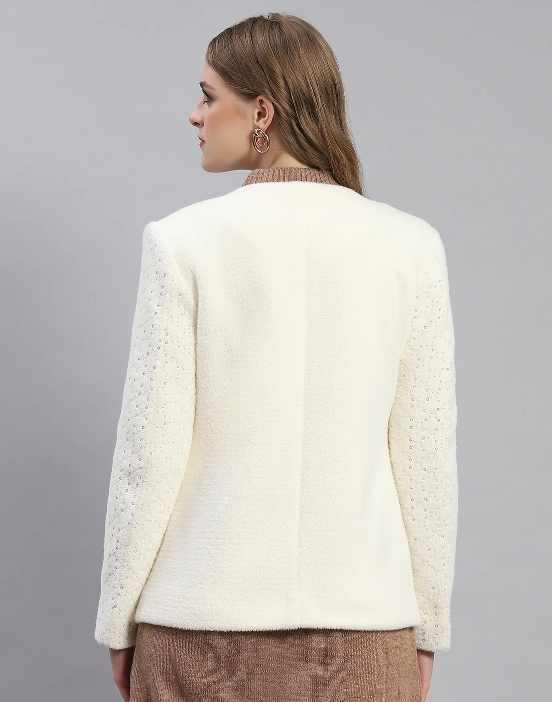 Women White Embellished H Neck Full Sleeve Coat - Image 5