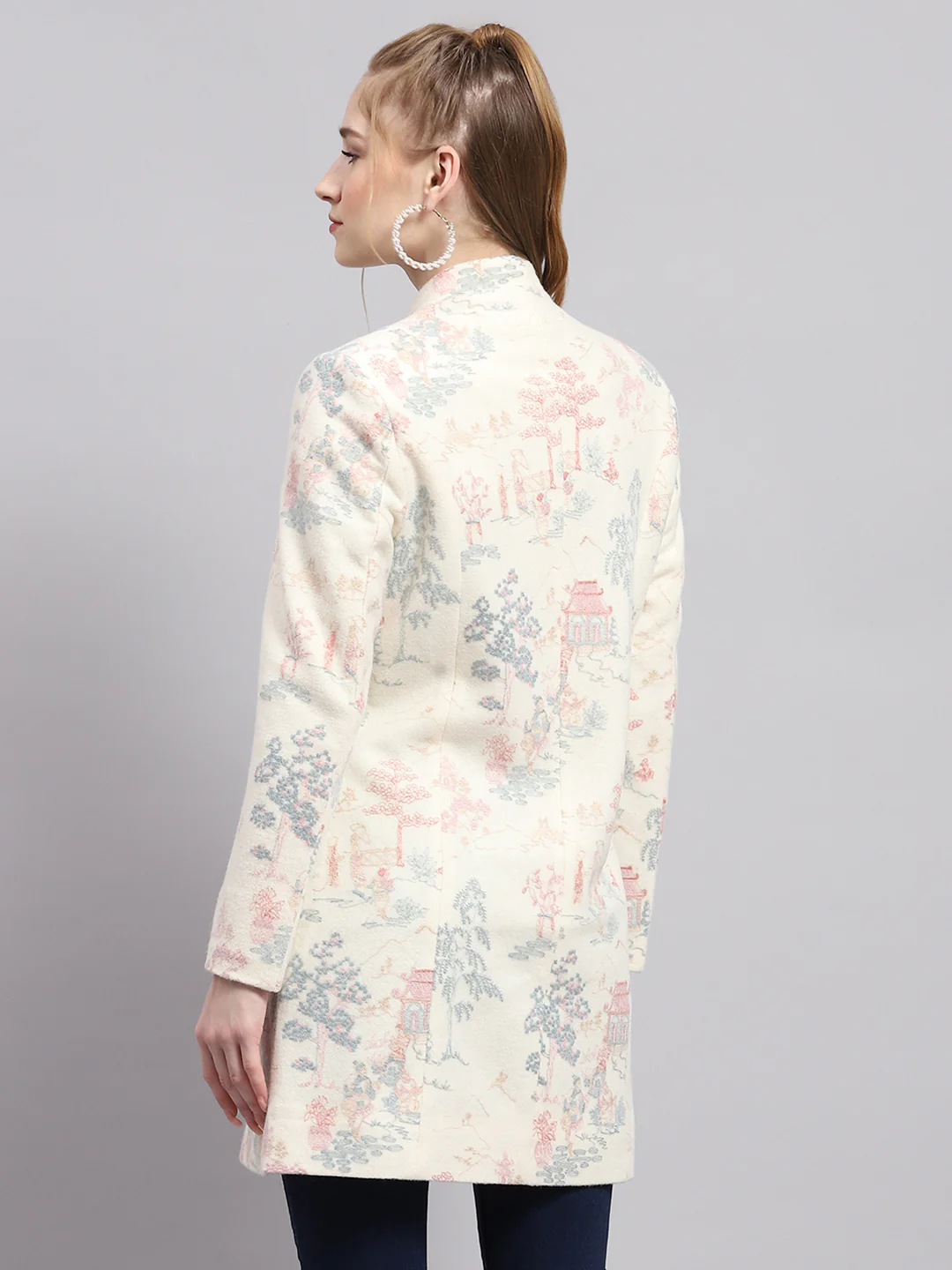 Women White Embroidered Mock Neck Full Sleeve Coat - Image 5