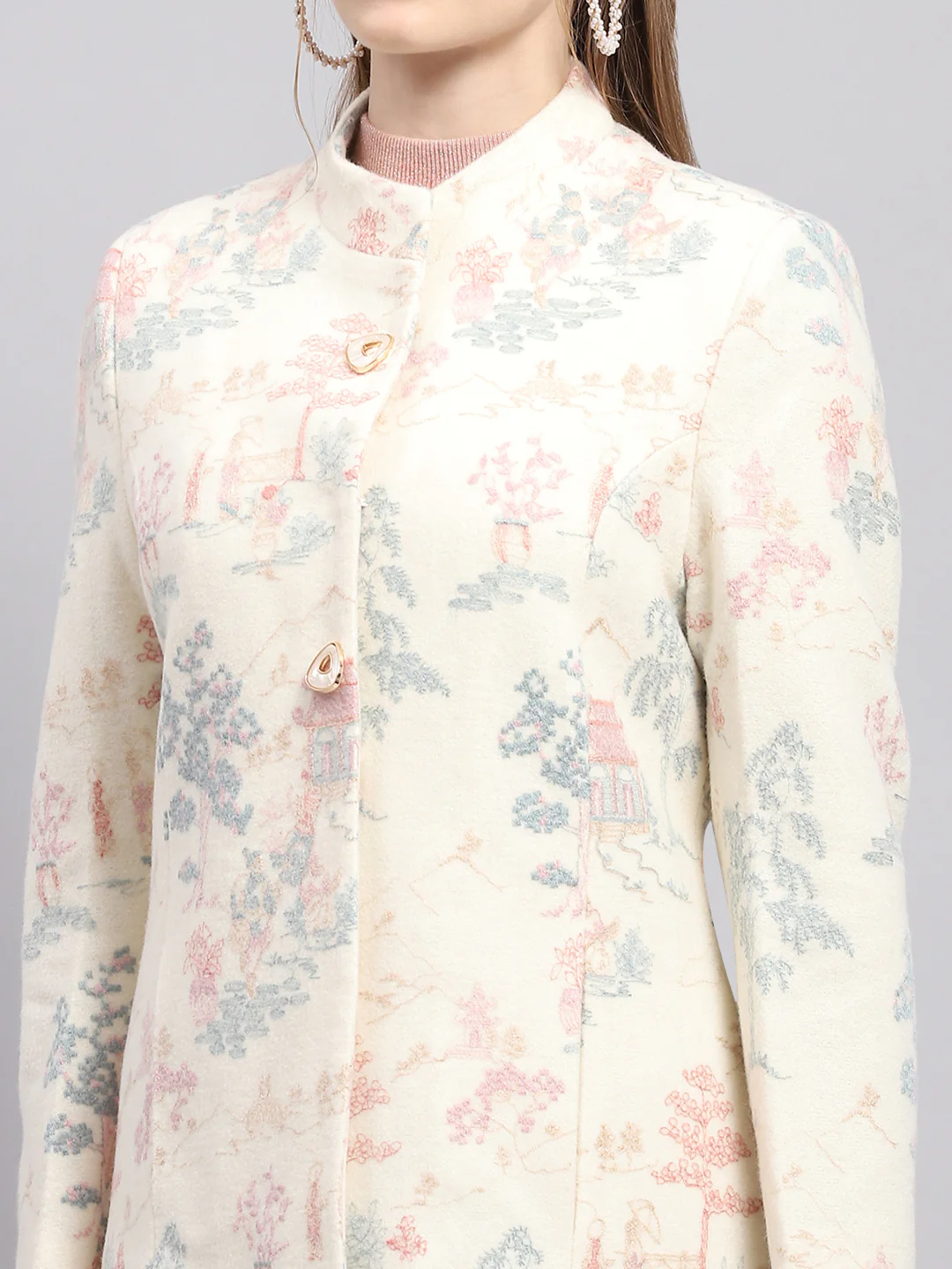 Women White Embroidered Mock Neck Full Sleeve Coat - Image 6