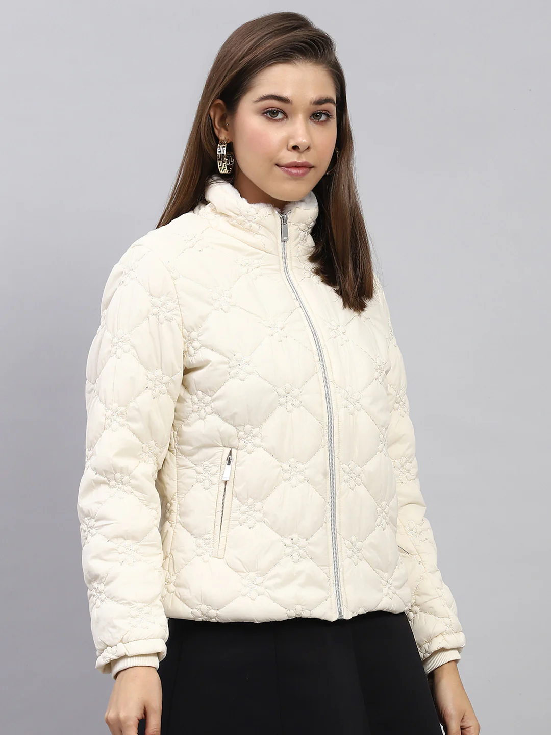 Women White Embroidered Mock Neck Full Sleeve Jacket - Image 4