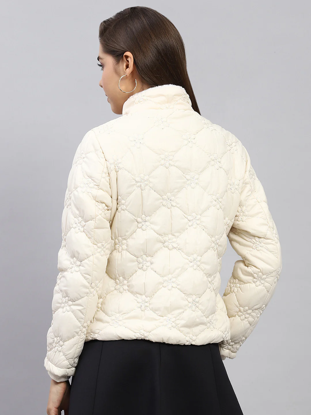 Women White Embroidered Mock Neck Full Sleeve Jacket - Image 5