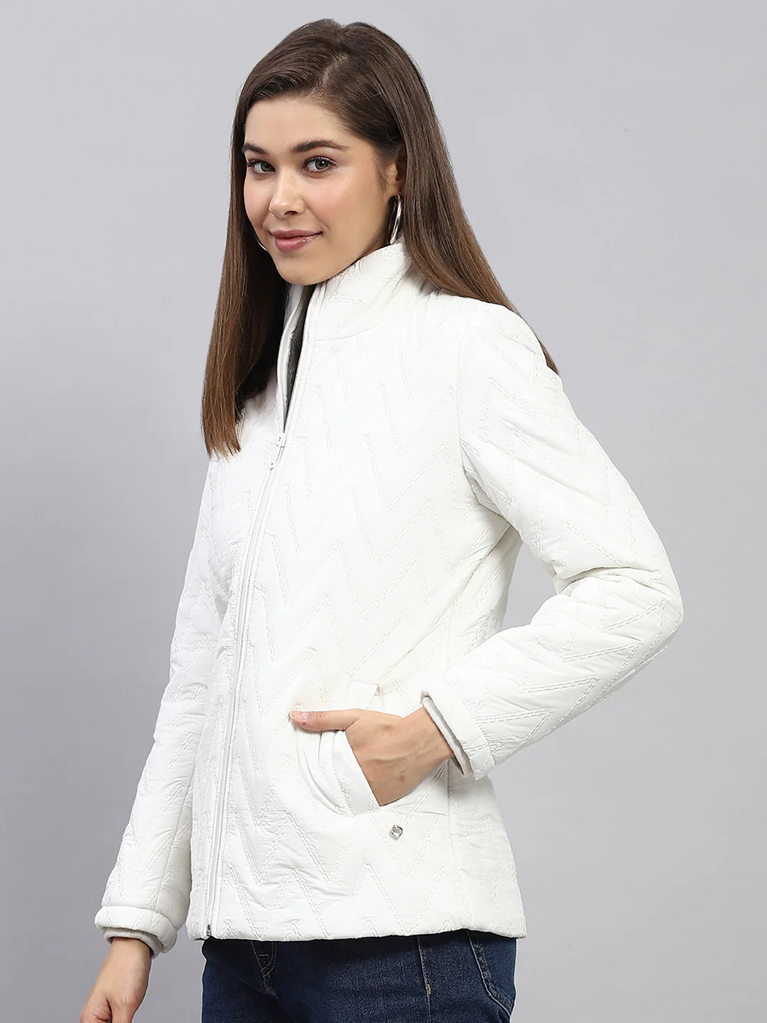 Women White Embroidered Mock Neck Full Sleeve Jacket - Image 3