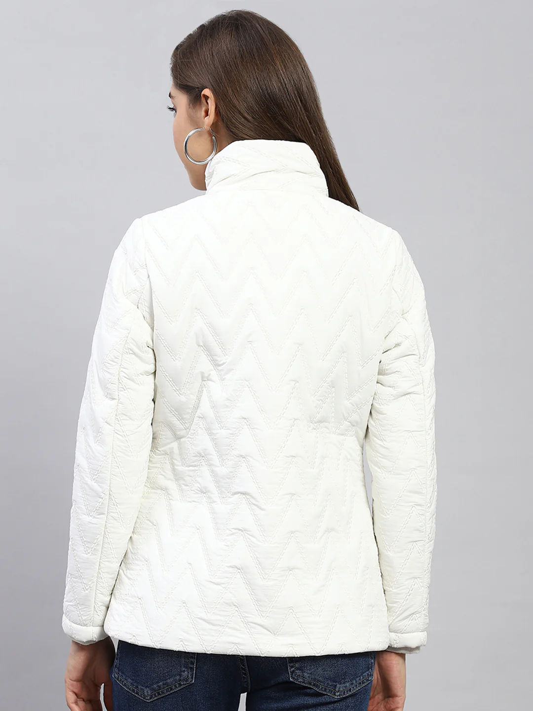 Women White Embroidered Mock Neck Full Sleeve Jacket - Image 5